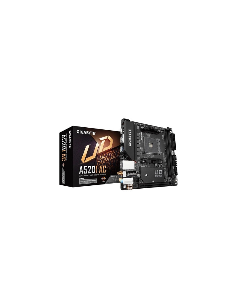 Gigabyte A520I AC Ultra Durable AMD AM4 Socket Motherboard  Mini-ITX  2x DDR4 Slots  1x M.2 Socket  GbE LAN  Wi-Fi 5  1x Display Port 1.4 / 2x HDMI Ports