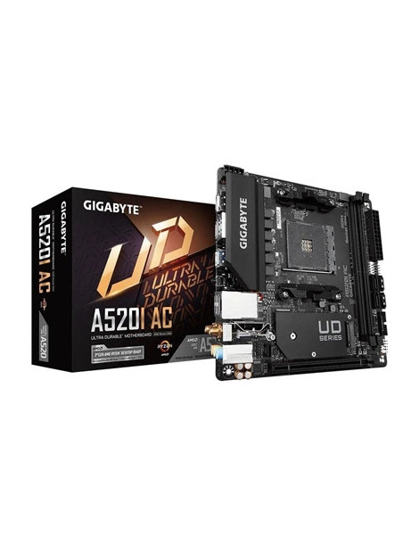 Gigabyte A520I AC Ultra Durable AMD AM4 Socket Motherboard  Mini-ITX  2x DDR4 Slots  1x M.2 Socket  GbE LAN  Wi-Fi 5  1x Display Port 1.4 / 2x HDMI Ports