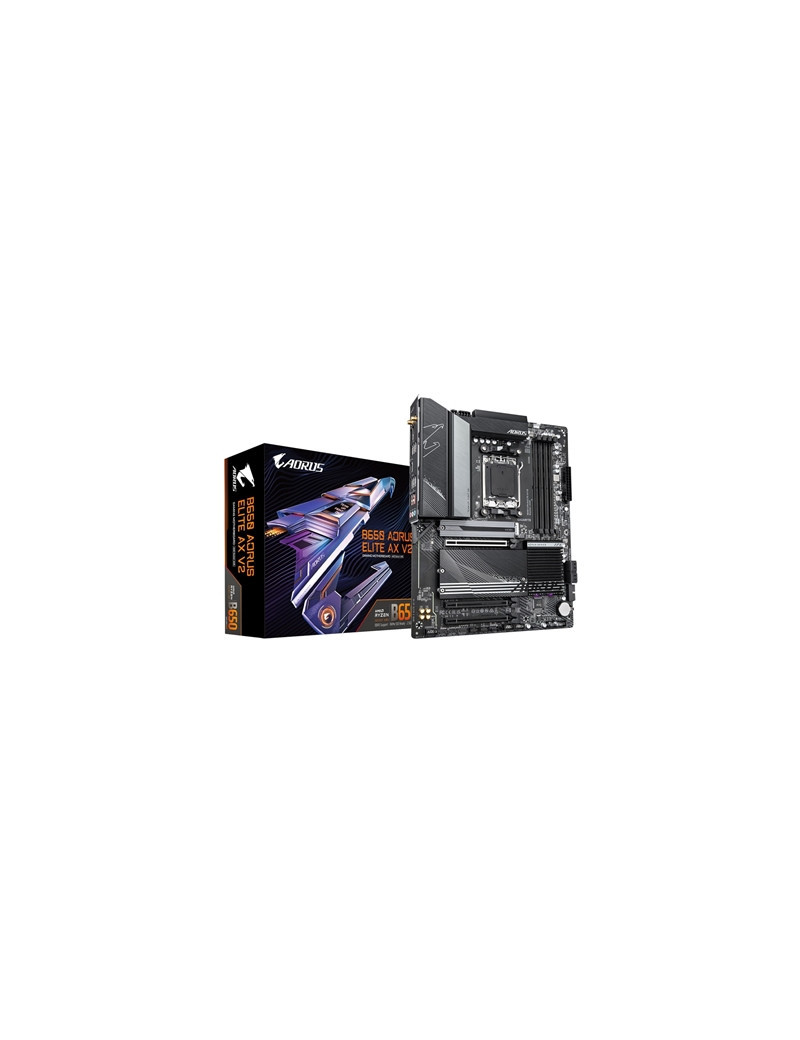 Gigabyte B650 AORUS ELITE AX V2 AMD AM5 Socket Motherboard  ATX  4x DDR5 Slots  3x M.2 Sockets  1x USB-C Port  Fitted I/O Shield  2.5GbE LAN  Wi-Fi 6E  1x Display Port 1.4 / 1x HDMI Ports