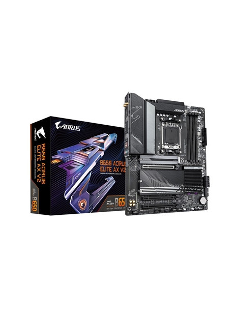 Gigabyte B650 AORUS ELITE AX V2 AMD AM5 Socket Motherboard  ATX  4x DDR5 Slots  3x M.2 Sockets  1x USB-C Port  Fitted I/O Shield  2.5GbE LAN  Wi-Fi 6E  1x Display Port 1.4 / 1x HDMI Ports