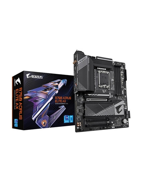 Gigabyte B760 AORUS ELITE AX Intel 1700 Socket Motherboard  ATX  4x DDR5 Slots  3x M.2 Sockets  2x USB-C Port  Fitted I/O Shield  2.5GbE LAN  Wi-Fi 6E  1x DisplayPort / 1x HDMI Port