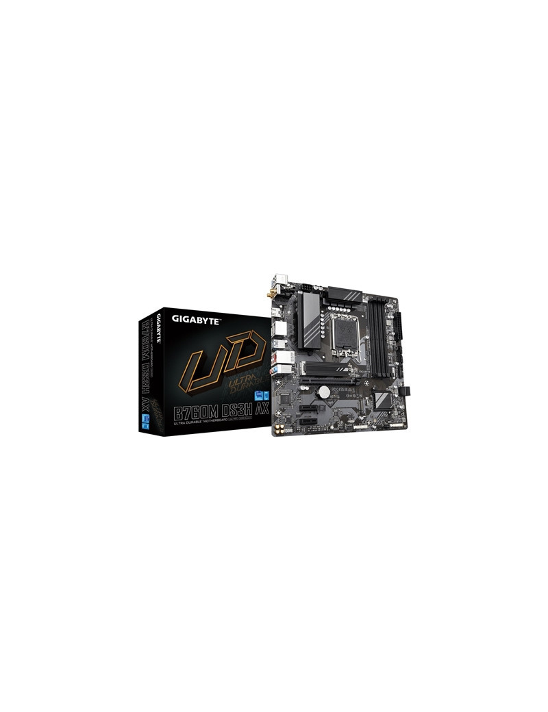 Gigabyte B760M DS3H AX Ultra Durable Intel 1700 Socket Motherboard  Micro-ATX  4x DDR5 Slots  2x M.2 Sockets  1x USB-C Port  2.5GbE LAN  Wi-Fi 6E  2x DisplayPorts / 1x HDMI Port