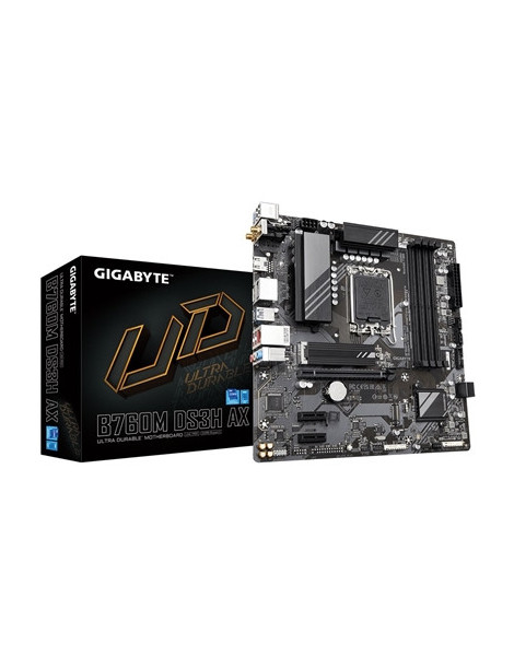 Gigabyte B760M DS3H AX Ultra Durable Intel 1700 Socket Motherboard  Micro-ATX  4x DDR5 Slots  2x M.2 Sockets  1x USB-C Port  2.5GbE LAN  Wi-Fi 6E  2x DisplayPorts / 1x HDMI Port