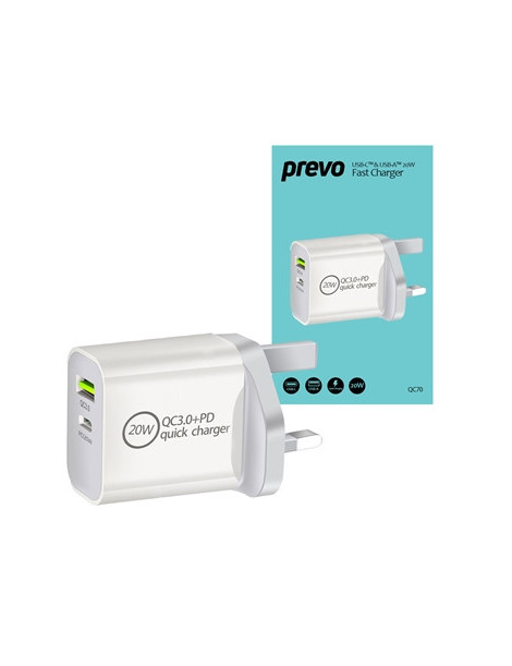 Prevo QC70 20W USB Type-C & USB Type-A Fast Charge Mains Charger with QC 3.0 for Laptops  Ultrabooks  Chromebooks  iPads  MacBooks  Smartphones  Tablets  Mobile Devices  Action Cameras  DSLRs