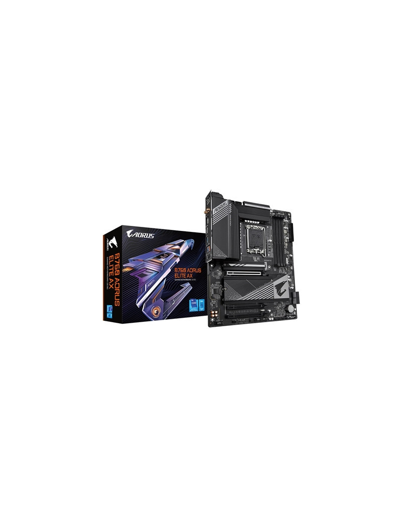 Gigabyte B760 AORUS ELITE AX Intel 1700 Socket Motherboard  ATX  4x DDR5 Slots  3x M.2 Sockets  2x USB-C Port  Fitted I/O Shield  2.5GbE LAN  Wi-Fi 6E  1x DisplayPort / 1x HDMI Port