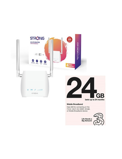 Strong 4GROUTER300MUK 4G LTE CAT4 Unlocked Mobile Broadband Wireless Router (Including 1 x Three 3G 4G & 5G-Ready 24GB Prepaid Mobile Broadband Trio SIM Card)