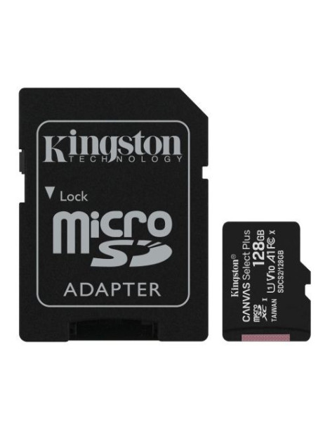 Kingston 128GB Canvas Select Plus Micro SDXC Card with SD Adapter  UHS-I Class 10  U1  A1 App Performance  100MB/s