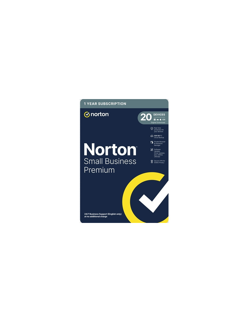 Norton Small Business Premium  Antivirus Software  20 Devices  1-year Subscription  Includes 500GB of Cloud Storage  Dark Web Monitoring  Private Browser  24/7 Business Support  VPN and Driver Updater  Activation Code by email - ESD