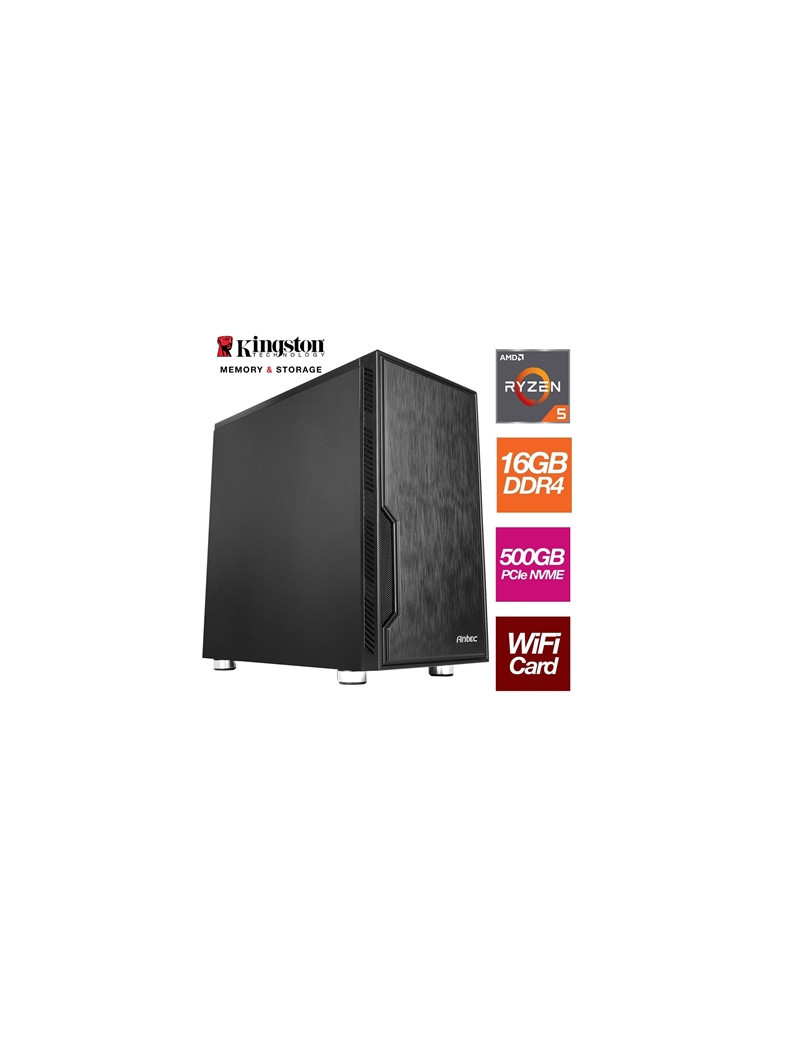 AMD Ryzen 5 5500GT 6 Core 12 Threads 3.60GHz (4.40GHz Boost) 16GB Kingston DDR4 RAM  500GB Kingston NVMe  with Wi-Fi 6 + BT Card - Stylish Black Antec Case - Pre-Built System