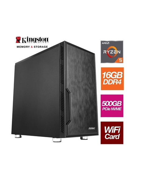 AMD Ryzen 5 5500GT 6 Core 12 Threads 3.60GHz (4.40GHz Boost) 16GB Kingston DDR4 RAM  500GB Kingston NVMe  with Wi-Fi 6 + BT Card - Stylish Black Antec Case - Pre-Built System