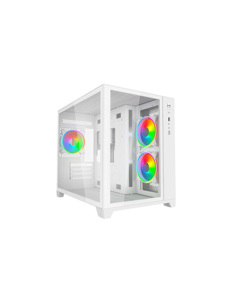 Vida Akira V2 White ARGB Gaming Case w/ Glass Front & Side  Micro ATX  3x ARGB Fans  6-Port PWM ARGB Fan Hub & Remote Control