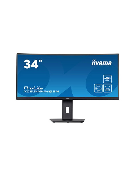 iiyama Prolite XCB3494WQSN-B5 34 inch Curved Monitor  USB-C Dock  RJ45 (LAN)  KVM Switch  UWQHD  0.4ms  HDMI  DisplayPort  USB-Hub  USB-C  120Hz  Speakers  Black  Internal PSU  VESA  Height Adjust  Pivot