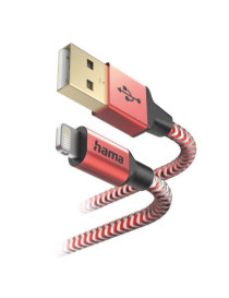 Hama Reflective Charging USB-A to Lightning Cable  480Mbps  Nylon Sheath  Gold-Plated  1.5 Metre  Red