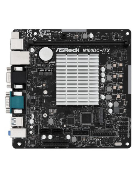 Asrock N100DC-ITX  Integrated Intel Quad-Core N100  Mini ITX  1 DDR4  VGA  HDMI  DC Jack  Fanless Design  1x M.2