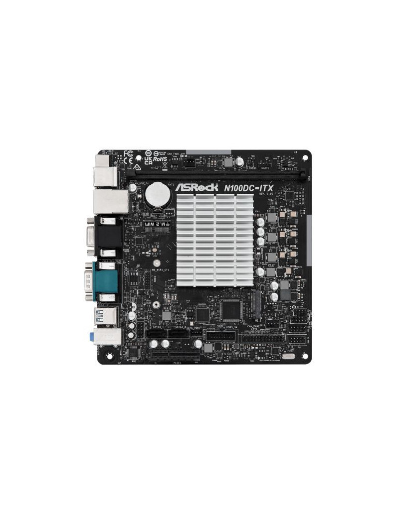 Asrock N100DC-ITX  Integrated Intel Quad-Core N100  Mini ITX  1 DDR4  VGA  HDMI  DC Jack  Fanless Design  1x M.2