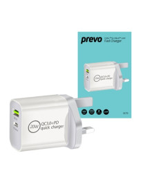 Prevo QC70 20W USB Type-C & USB Type-A Fast Charge Mains Charger with QC 3.0 for Laptops  Ultrabooks  Chromebooks  iPads  MacBooks  Smartphones  Tablets  Mobile Devices  Action Cameras  DSLRs