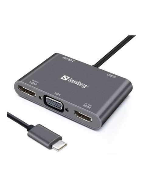 Sandberg (136-35) USB-C 5-in-1 Docking Station - USB-C (up to 100W)  2 x HDMI  VGA  USB-A  Aluminium  5 Year Warranty