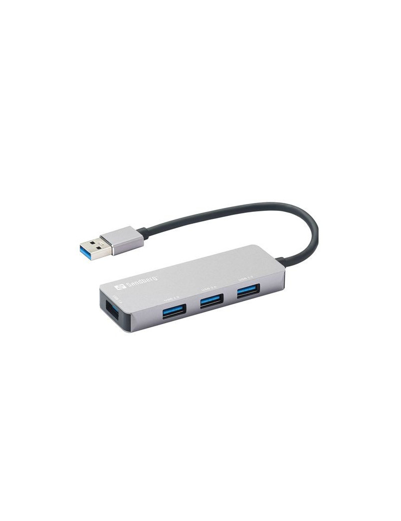 Sandberg External 4-Port USB-A Pocket Hub  1 x USB 3.0  3 x USB 2.0  Aluminium  USB Powered  5 Year Warranty