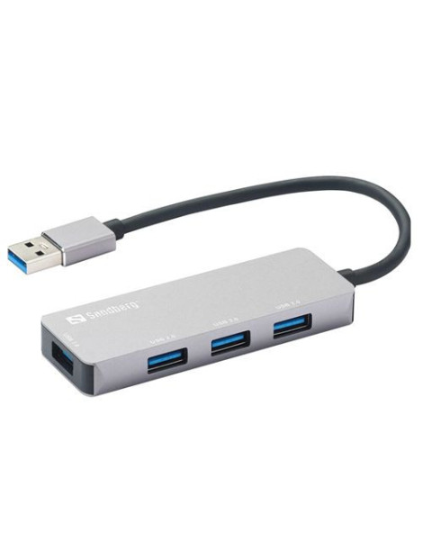 Sandberg External 4-Port USB-A Pocket Hub  1 x USB 3.0  3 x USB 2.0  Aluminium  USB Powered  5 Year Warranty