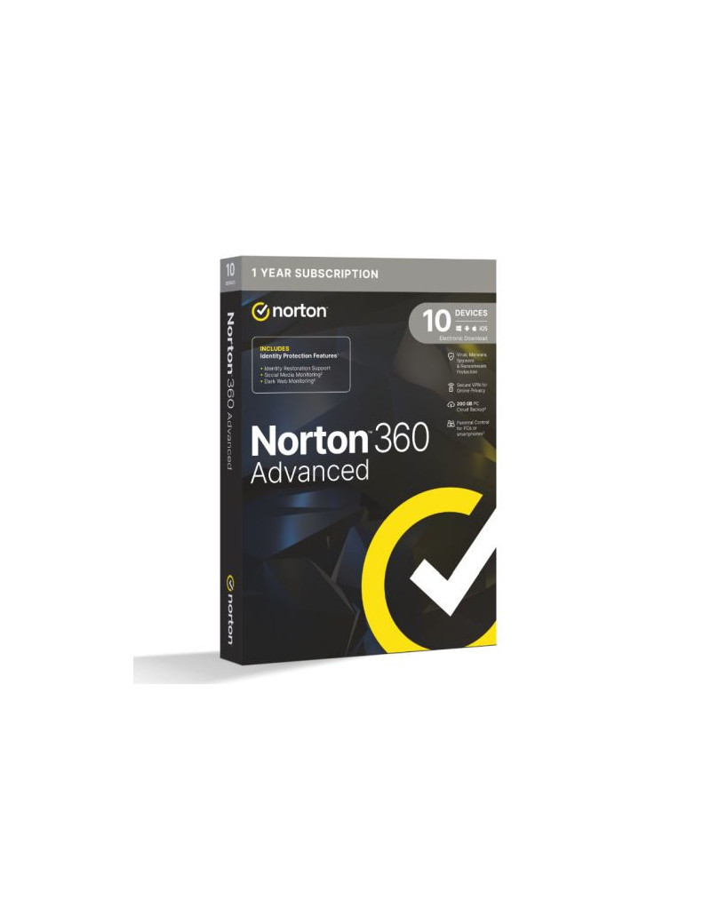 Norton 360 Advanced 1x 10 Device  1 Year Retail Licence - 200GB Cloud Storage - PC  Mac  iOS & Android *Non-enrolment*