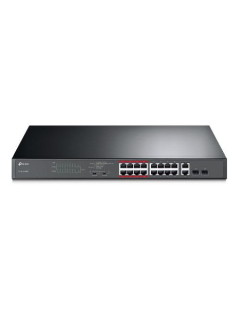 TP-LINK (TL-SL1218MP) 16-Port 10/100Mbps + 2-Port GB Unmanaged PoE Switch  2 combo GB SFP Slots  16-Port PoE  Rackmountable