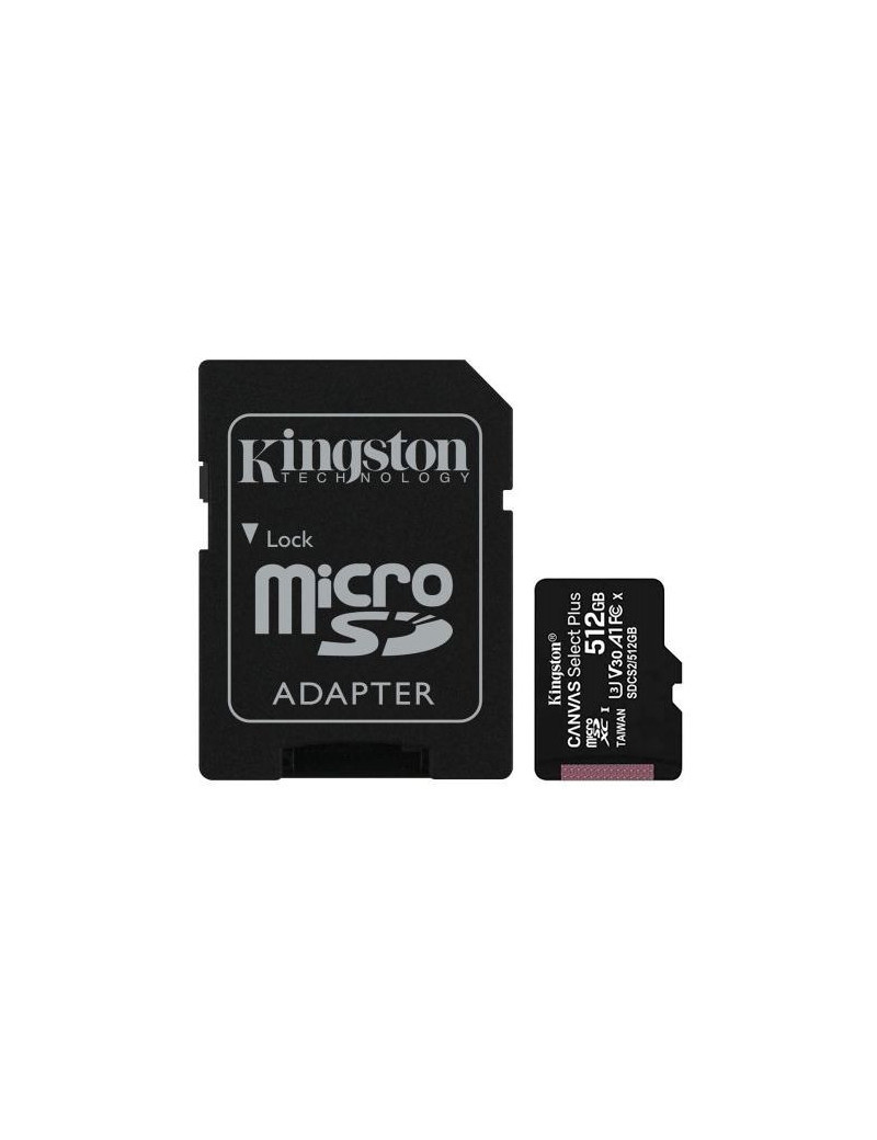 Kingston 512GB Canvas Select Plus Micro SDXC Card with SD Adapter  UHS-I Class 10  U3  A1 App Performance  100MB/s