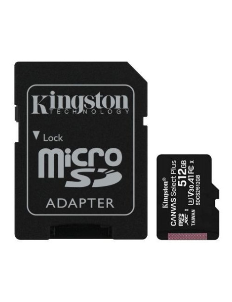 Kingston 512GB Canvas Select Plus Micro SDXC Card with SD Adapter  UHS-I Class 10  U3  A1 App Performance  100MB/s