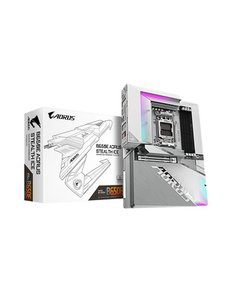 Gigabyte B650E AORUS STEALTH ICE AMD AM5 Socket Motherboard  ATX  4x DDR5 Slots  3x M.2 Sockets  2x USB-C Port  Fitted I/O Shield  2.5GbE LAN  Wi-Fi 7  2x HDMI Port / 1x USB-C