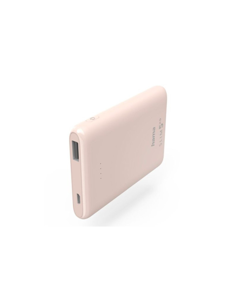 Hama SLIM 5HD 5000mAh Fast Charge Powerbank  1x USB-A  LED Capacity Indicator  Light Pink