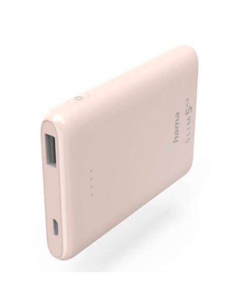 Hama SLIM 5HD 5000mAh Fast Charge Powerbank  1x USB-A  LED Capacity Indicator  Light Pink