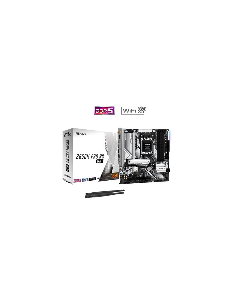 ASRock B650M Pro RS WiFi AMD AM5 Socket Motherboard  Micro-ATX  4x DDR5 Slots  3x M.2 Sockets  2x USB-C Port  Fitted I/O Shield  2.5GbE LAN  Wi-Fi 6E  1x DisplayPort / 1x HDMI Port