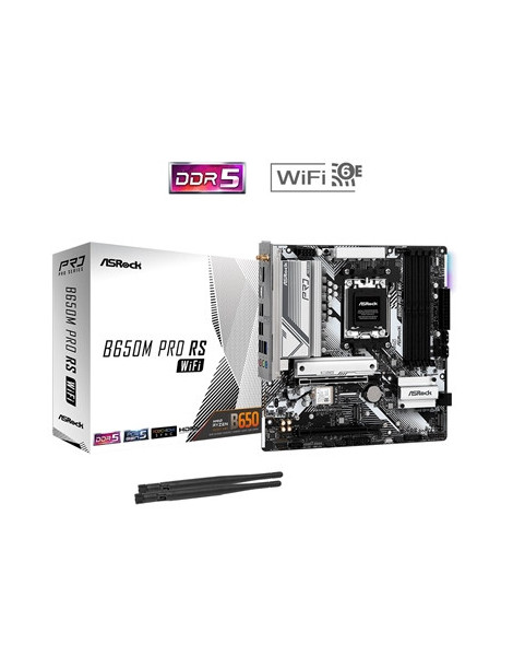 ASRock B650M Pro RS WiFi AMD AM5 Socket Motherboard  Micro-ATX  4x DDR5 Slots  3x M.2 Sockets  2x USB-C Port  Fitted I/O Shield  2.5GbE LAN  Wi-Fi 6E  1x DisplayPort / 1x HDMI Port