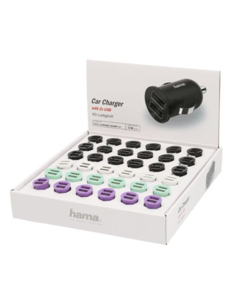 Hama Dual USB-A Car Chargers x36 Multipack  12W  Various Colours  Display Case