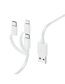 Hama 3-in-1 Multi Charging Cable - USB-A to USB-C/Micro USB/Lightning  Quick Charge  1 Metre  White