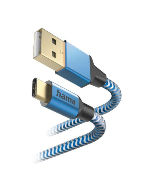 Hama Reflective USB-A to USB-C Quick Charging Cable  USB 2.0  Nylon Sheath  Gold-Plated  1.5 Metre  Blue