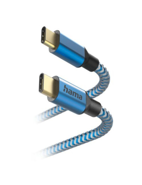 Hama Reflective USB-C to USB-C Quick Charging Cable  USB 2.0  Nylon Sheath  Gold-Plated  1.5 Metre  Blue