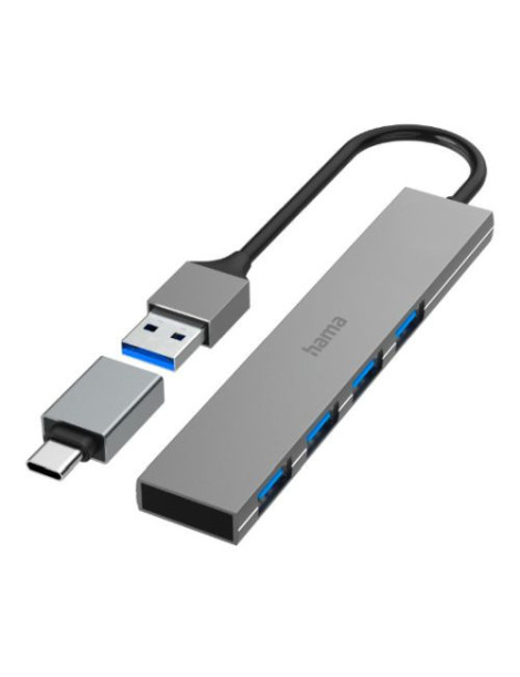 Hama Ultra-Slim External 4 Port 3.2 Gen1 Hub  4x USB-A  USB Powered  USB-C Adapter