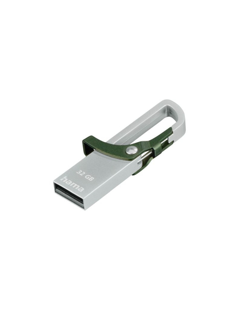 Hama Hook-Style 32GB USB 2.0 Memory Pen  Metal Housing  Green Snap Hook