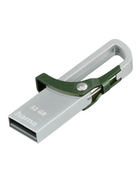 Hama Hook-Style 32GB USB 2.0 Memory Pen  Metal Housing  Green Snap Hook