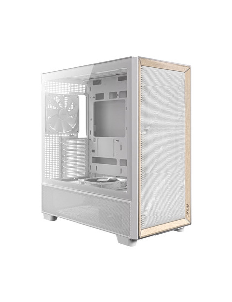 Antec FLUX Mid Tower PC Case - Tempered Glass  White/Wood  5 PWM Fans  USB-C  E-ATX/ATX/mATX/ITX Compatibility