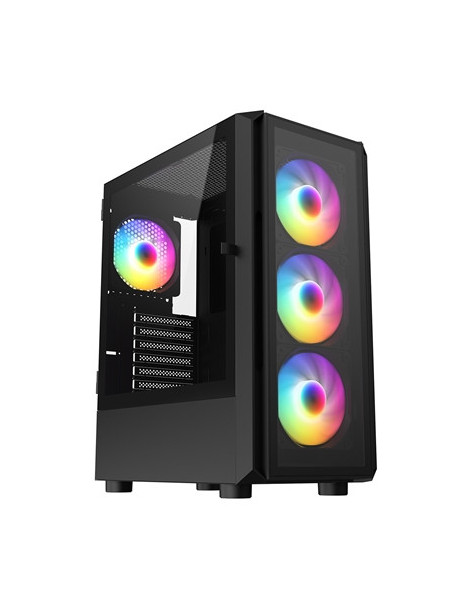 CRONUS Achos V2 Case  Gaming  Black  Mid Tower  1 x USB 3.0 / 2 x USB 2.0  Tempered Glass Side & Front Window Panels  Addressable RGB LED Fans  ATX  Micro ATX  Mini-ITX  4x fans included