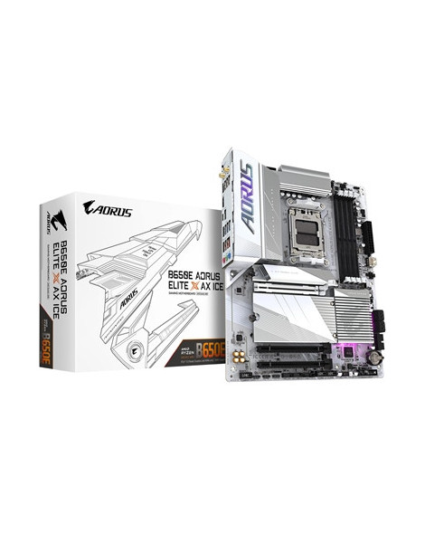 Gigabyte B650E AORUS ELITE X AX ICE AMD AM5 Socket Motherboard  ATX  4x DDR5 Slots  3x M.2 Sockets  2x USB-C Port  Fitted I/O Shield  2.5GbE LAN  Wi-Fi 6E  2x HDMI Port / 1x USB-C