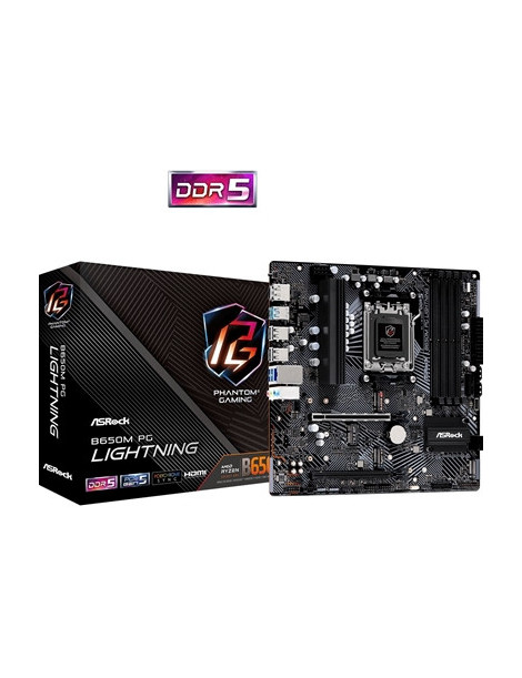 ASRock B650M PG Lightning AMD AM5 Socket Motherboard  Micro-ATX  4x DDR5 Slots  3x M.2 Sockets  1x USB-C Port  2.5GbE LAN  1x DisplayPort / 1x HDMI Port