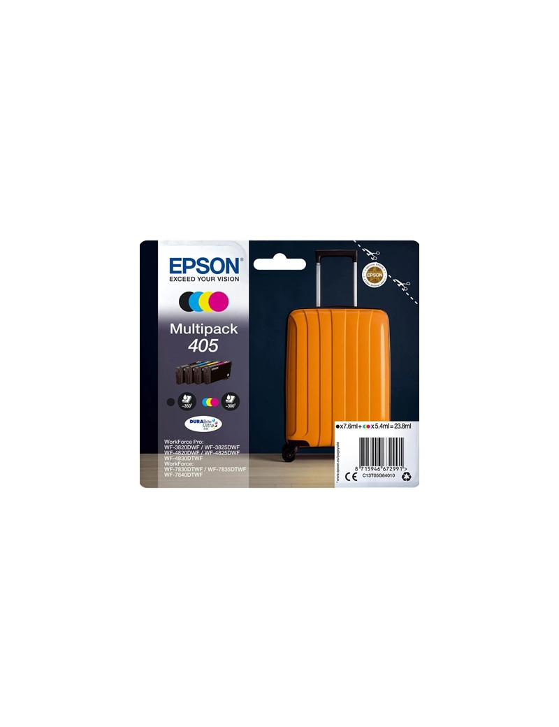 Epson 405 Multipack (Original) - Black  Cyan  Magenta  Yellow DURABrite Ultra Ink Cartridges for Workforce WF-7310  7830  7835  7840  Pro WF-3820  3825  4820  4825  4830 - 4-Pack