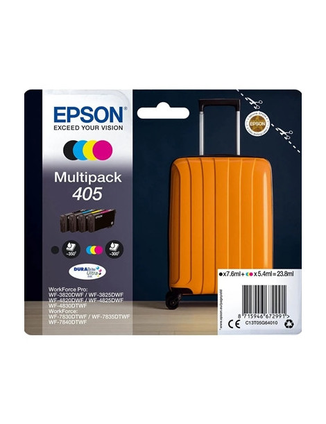 Epson 405 Multipack (Original) - Black  Cyan  Magenta  Yellow DURABrite Ultra Ink Cartridges for Workforce WF-7310  7830  7835  7840  Pro WF-3820  3825  4820  4825  4830 - 4-Pack