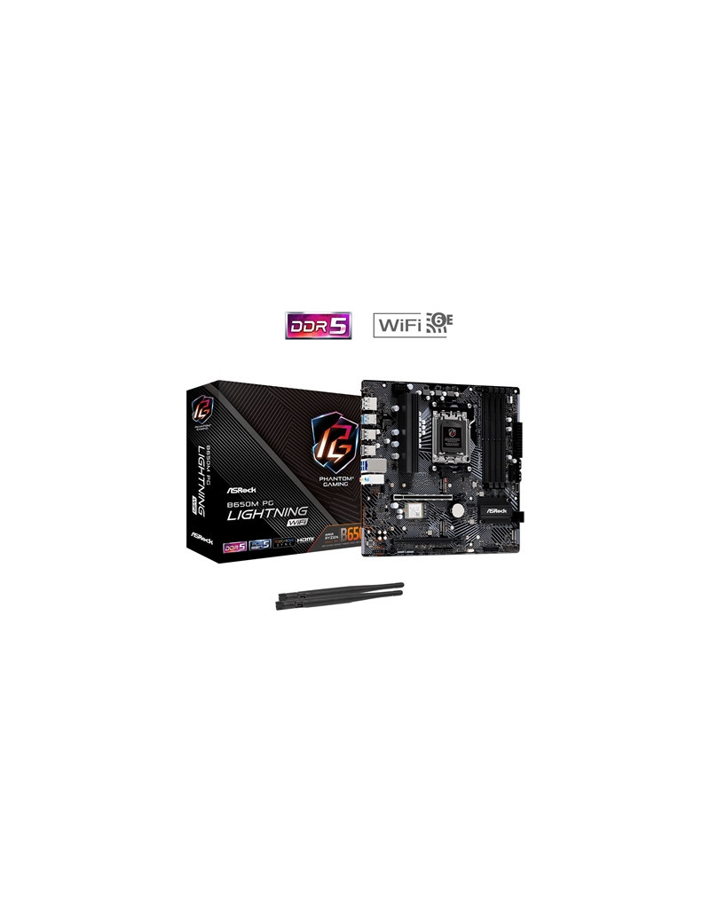 ASRock B650M PG Lightning WiFi AMD AM5 Socket Motherboard  Micro-ATX  4x DDR5 Slots  3x M.2 Sockets  1x USB-C Port  2.5GbE LAN  Wi-Fi 6E  1x DisplayPort / 1x HDMI Port