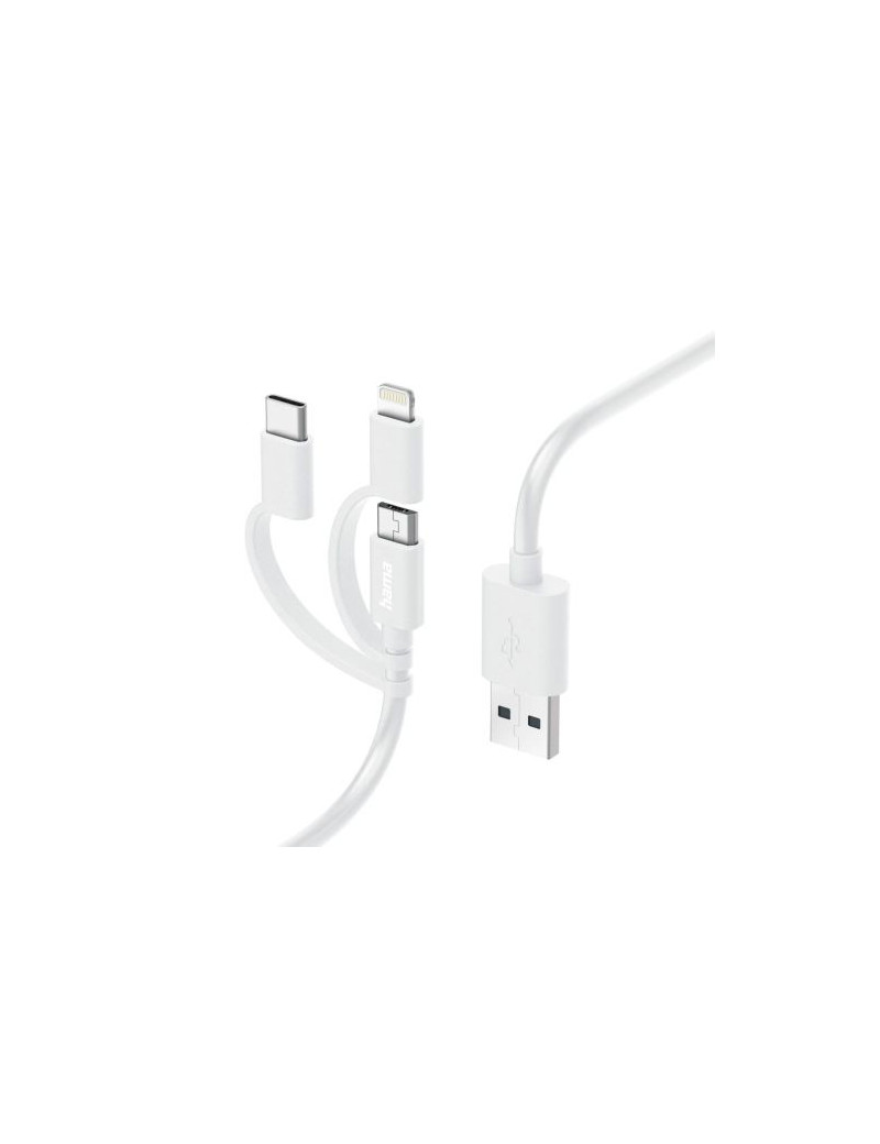 Hama 3-in-1 Multi Charging Cable - USB-A to USB-C/Micro USB/Lightning  Quick Charge  1 Metre  White