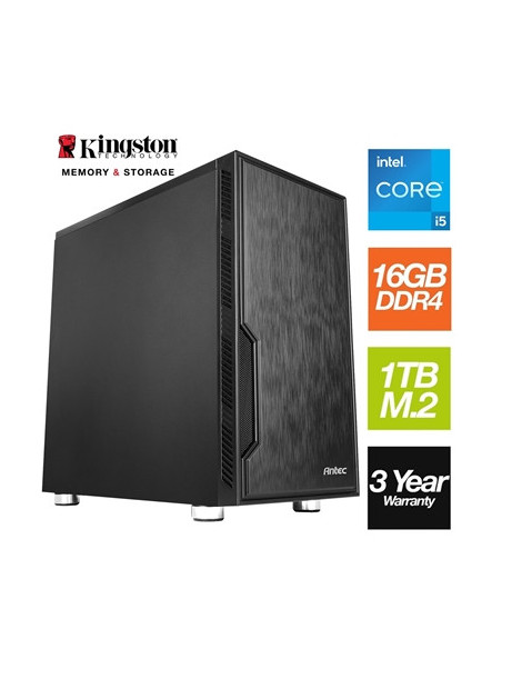 Intel i5 12400 6 Core 12 Thread 2.50GHz (4.40GHz Boost)  16GB Kingston RAM  1TB Kingston NVMe M.2  WiFi 6 + BT 5.2 - Antec VSK Chassis - Pre-Built PC