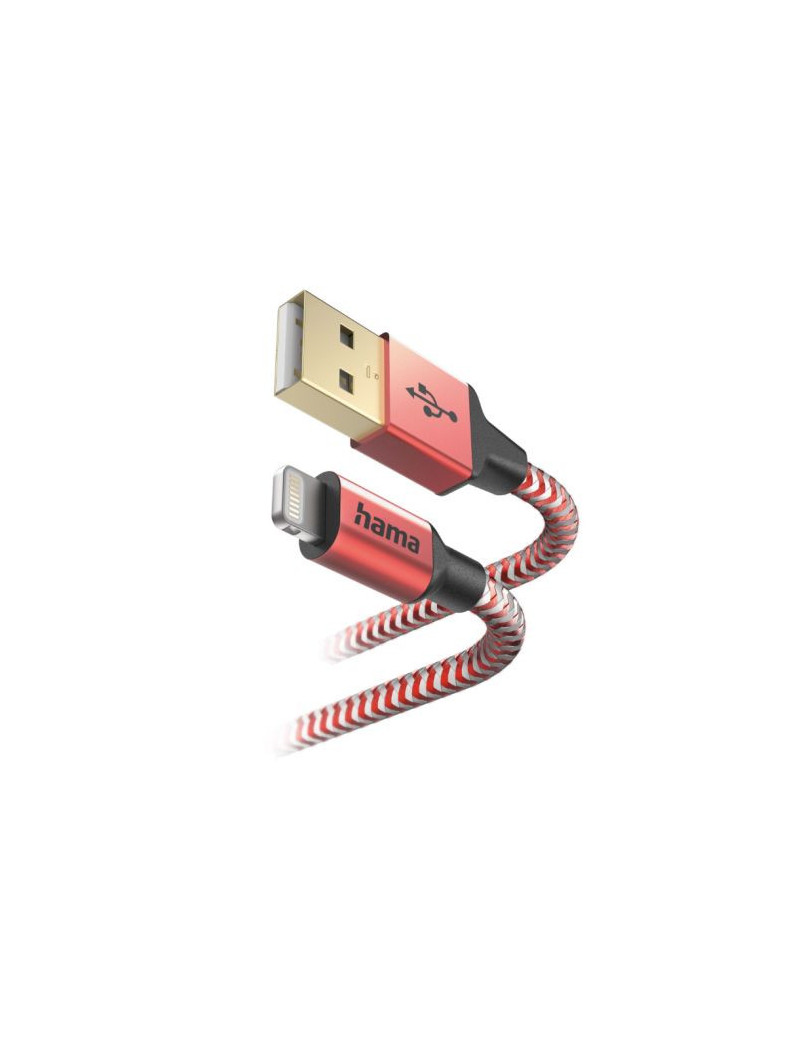 Hama Reflective Charging USB-A to Lightning Cable  480Mbps  Nylon Sheath  Gold-Plated  1.5 Metre  Red