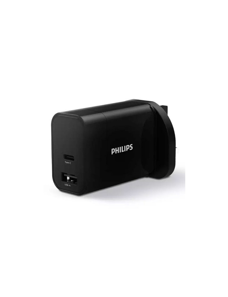 Philips 3-pin Wall Plug USB-C & USB-A Charger  30W  Fast Charge  Power Delivery